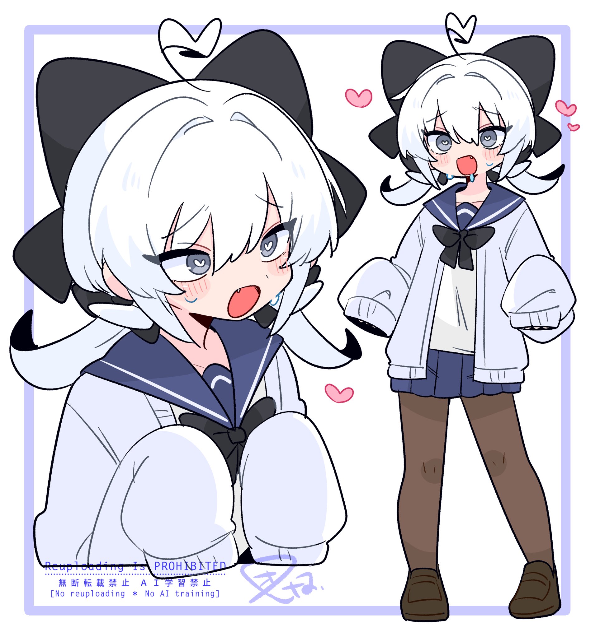 op na yarou, original, character request, check commentary, commentary request, highres, 1boy, :o, ahoge, black bow, black bowtie, black pantyhose, blue sailor collar, blue skirt, blush, bow, bowtie, brown shoes, cardigan, collarbone, dot nose, drooling, fang, full body, grey eyes, hair between eyes, hair bow, hands up, heart, heart-shaped pupils, heart ahoge, large bow, loafers, long sleeves, looking at viewer, miniskirt, multiple views, open cardigan, open clothes, open mouth, pantyhose, pleated skirt, raised inner eyebrows, sailor collar, school uniform, serafuku, shirt, shoes, short hair, sidelocks, simple background, skirt, sleeves past fingers, sleeves past wrists, standing, sweatdrop, symbol-shaped pupils, upper body, watermark, white background, white cardigan, white hair, white shirt