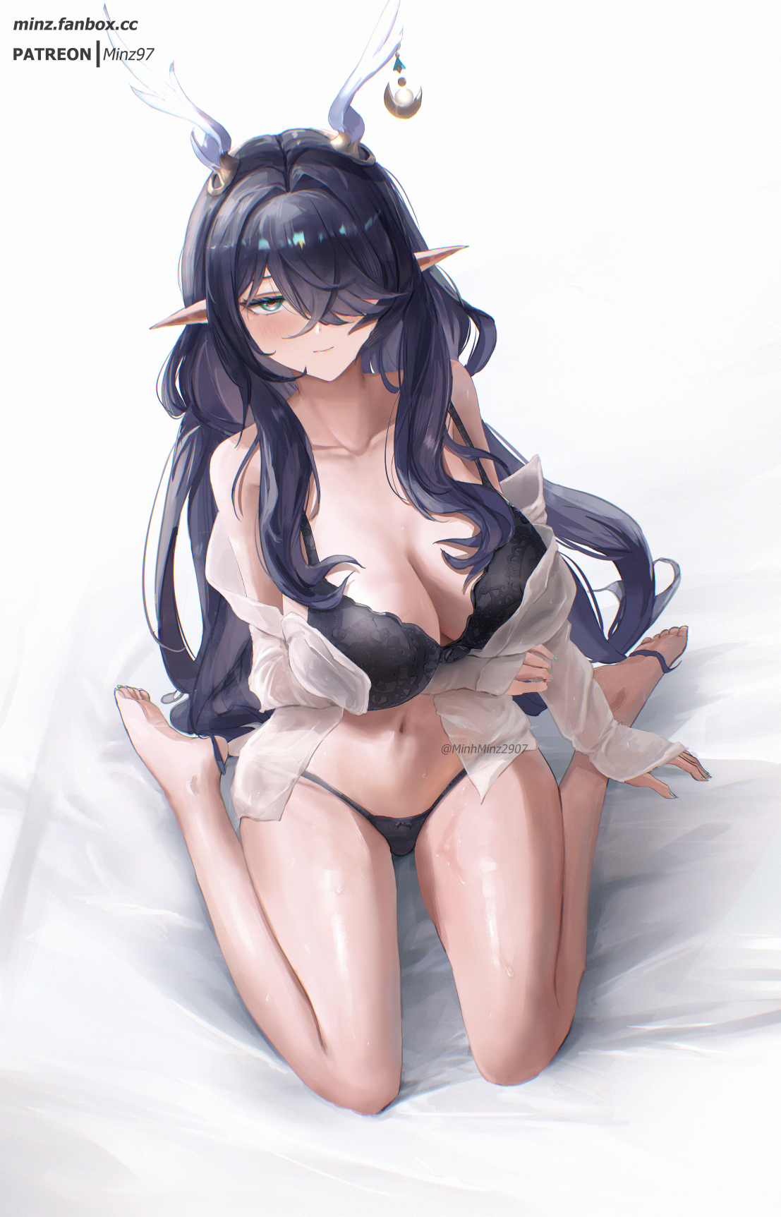 minz (minh nguyen), lauma (genshin impact), genshin impact, commentary, english commentary, highres, 1girl, antler ornament, antlers, arm under breasts, barefoot, bed sheet, black bra, black panties, bra, breasts, collarbone, deer antlers, fanbox username, feet, full body, hair over one eye, horns, large breasts, long hair, navel, nipples, off shoulder, open clothes, open shirt, panties, patreon username, pointy ears, purple eyes, purple hair, shirt, sitting, solo, stomach, underwear, very long hair, wariza, white shirt