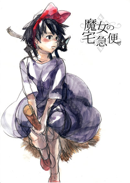 jiji (majo no takkyuubin), kiki (majo no takkyuubin), majo no takkyuubin, studio ghibli, 1980s (style), non-web source, black cat, black eyes, black hair, bow, broom, broom riding, cat, hair bow, oldschool, retro artstyle, solo, witch