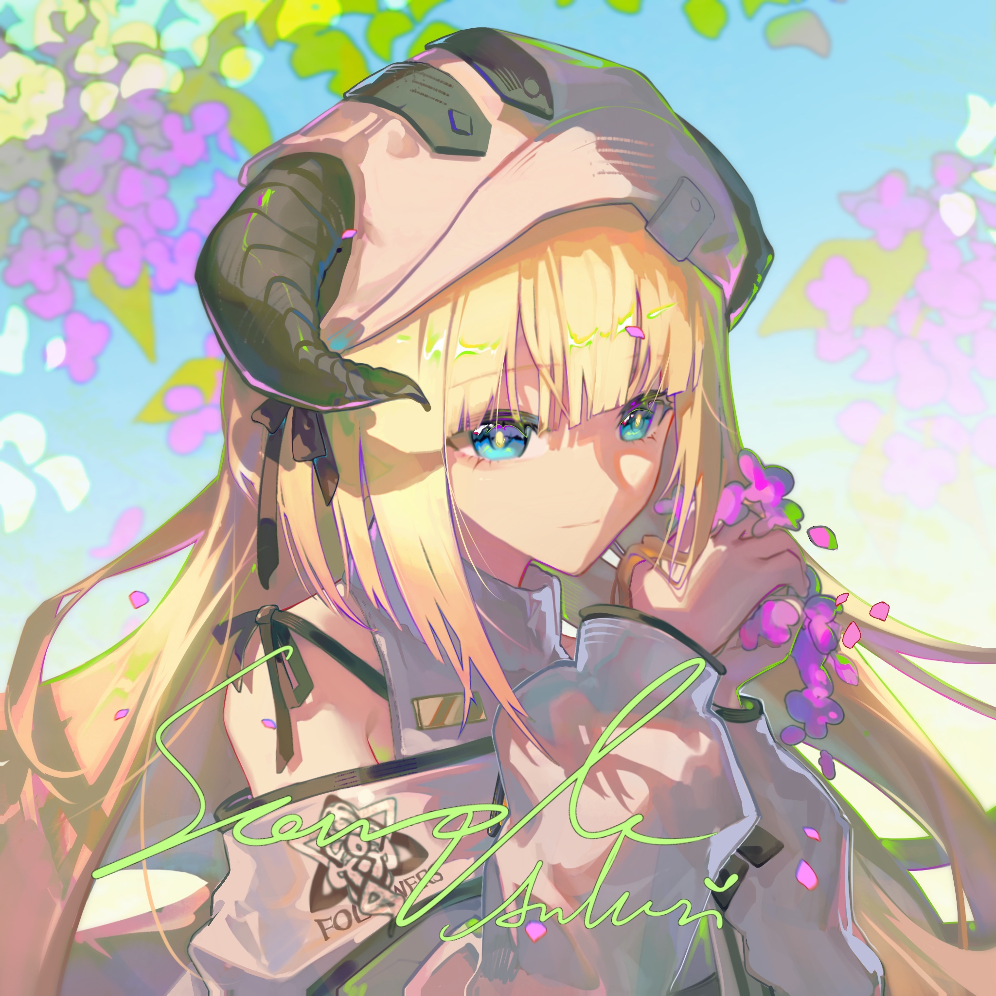 huan zi bu cheng, nightingale (arknights), arknights, chinese commentary, commentary request, highres, 1girl, bare shoulders, black horns, blonde hair, blue eyes, closed mouth, flower, hat, holding, holding flower, horns, horns through headwear, jacket, light smile, long hair, long sleeves, looking at viewer, multicolored hair, own hands together, petals, pink flower, pink hair, sample watermark, solo, streaked hair, upper body, watermark, white hat, white jacket