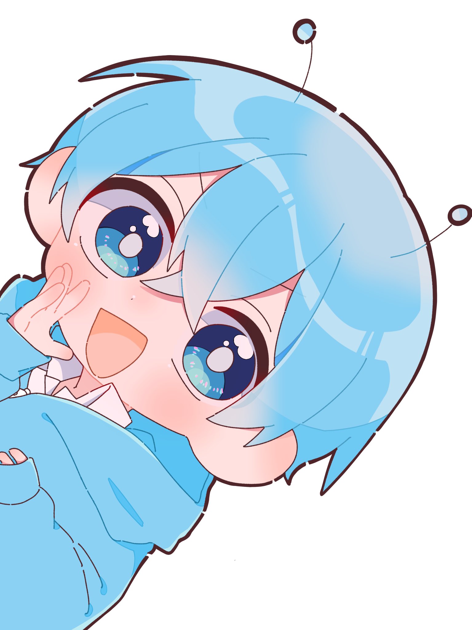 colon (stpri), strawberry prince, highres, 1boy, antenna hair, blue eyes, blue hair, blue jacket, chibi, chibi only, hair between eyes, hood, hooded jacket, jacket, long sleeves, male focus, mashu 0528, open mouth, short hair, sideways, simple background, sleeves past wrists, smile, solo, upper body, white background