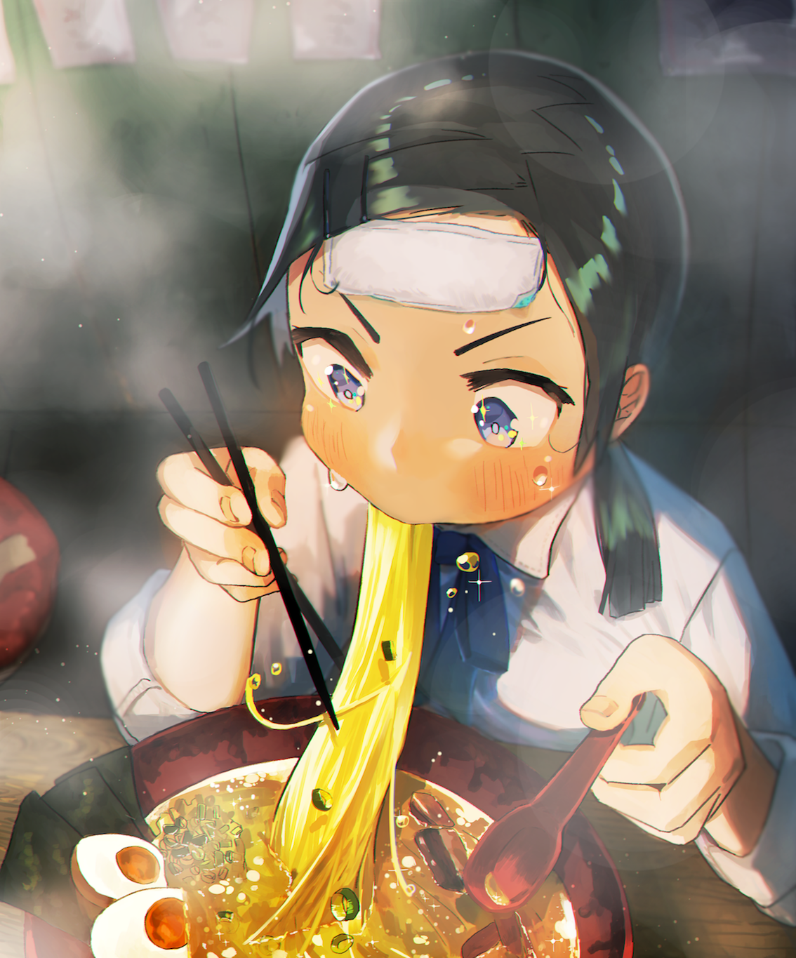 agyou sonokou l, original, highres, 1girl, black hair, blue eyes, blue ribbon, blush, chopped spring onion, chopsticks, cold pack, collared shirt, eating, elbow rest, fingernails, food, food in mouth, from above, hair ornament, hairpin, hands up, hardboiled egg, holding, holding chopsticks, holding spoon, light particles, looking at food, looking down, medium hair, multiple hairpins, neck ribbon, noodles, parted bangs, ramen, ribbon, seaweed, shirt, sleeves rolled up, solo, soup, sparkling eyes, spoon, steam, sweat, three-quarter sleeves, upper body, v-shaped eyebrows, white shirt