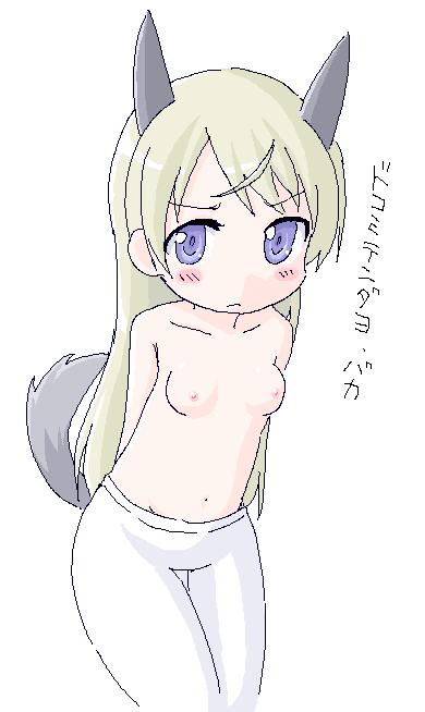 shinjou ryou, youta (asatsukidou), eila ilmatar juutilainen, strike witches, world witches series, translated, 00s, 1girl, animal ears, blush, breasts, female focus, long hair, nipples, pantyhose, simple background, small breasts, solo, tail, topless female, white pantyhose