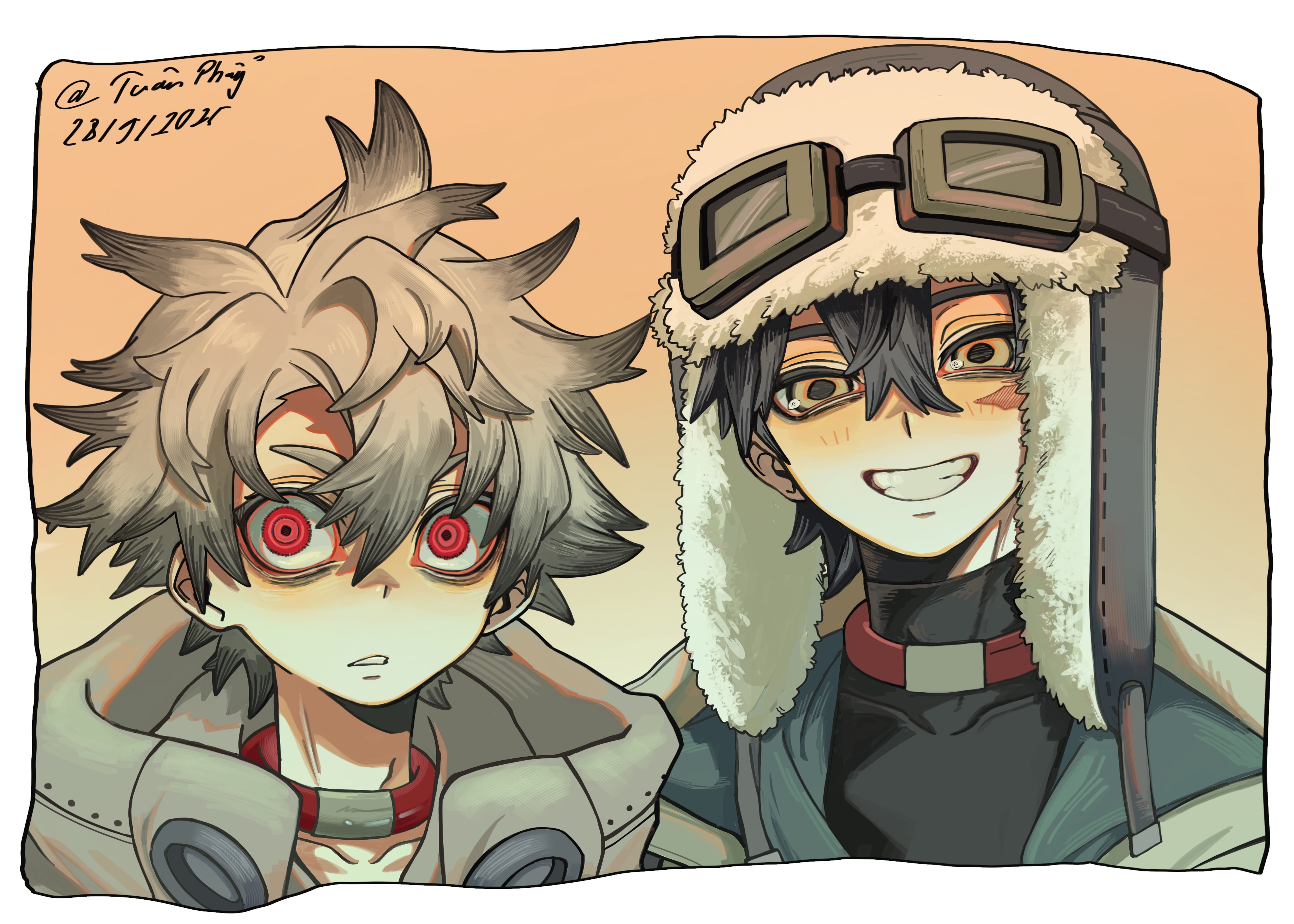 follo tunito, rudo surebrec, gachiakuta, absurdres, highres, 2boys, aviator cap, aviator goggles, black hair, blush, choker, grey hair, grey vest, grin, kzmcdayo, looking at viewer, male focus, messy hair, multiple boys, parted bangs, red choker, shirt, smile, turtleneck, turtleneck shirt, vest