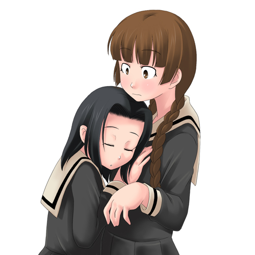 toshifumi, arima nana, shimazu yoshino, maria-sama ga miteru, lowres, 00s, 2girls, black hair, blush, braid, breasts, brown eyes, brown hair, closed eyes, grabbing another's breast, groping, long hair, multiple girls, school uniform, serafuku, short hair, simple background, sleeping, twin braids, yuri