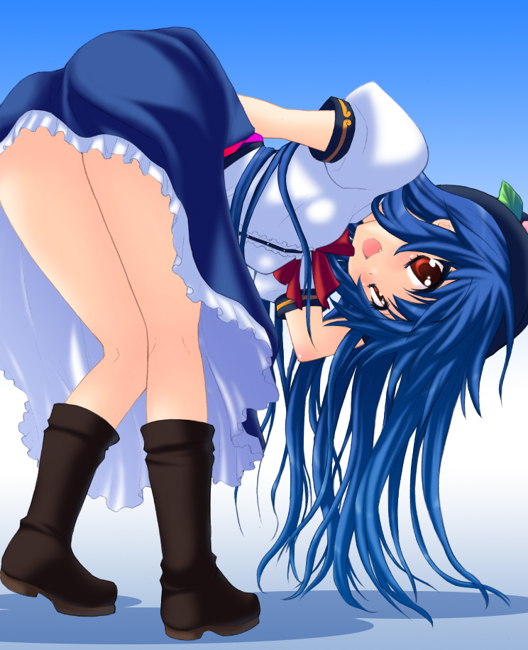 saki chisuzu, hinanawi tenshi, touhou, 1girl, ass, bent over, boots, female focus, gradient background, legs, long hair, solo, standing, white background