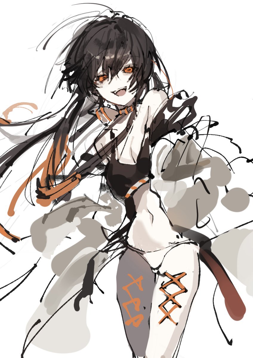 amo empool, gachiakuta, highres, 1girl, brown dress, brown hair, corset piercing, dress, long hair, looking at viewer, open clothes, open dress, open mouth, orange ribbon, panties, ribbon, simple background, smile, solo, underwear, white background, white panties, white sleeves, zhemdpvmfptm