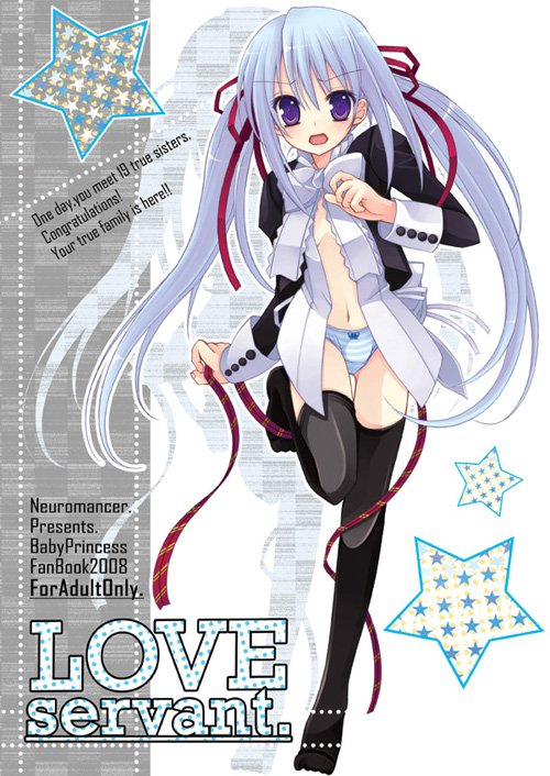 kannon ouji, amatsuka tsurara, baby princess, 10s, blue hair, english text, long hair, open clothes, open shirt, panties, purple eyes, ribbon, shirt, solo, striped clothes, striped panties, thighhighs, underwear, very long hair