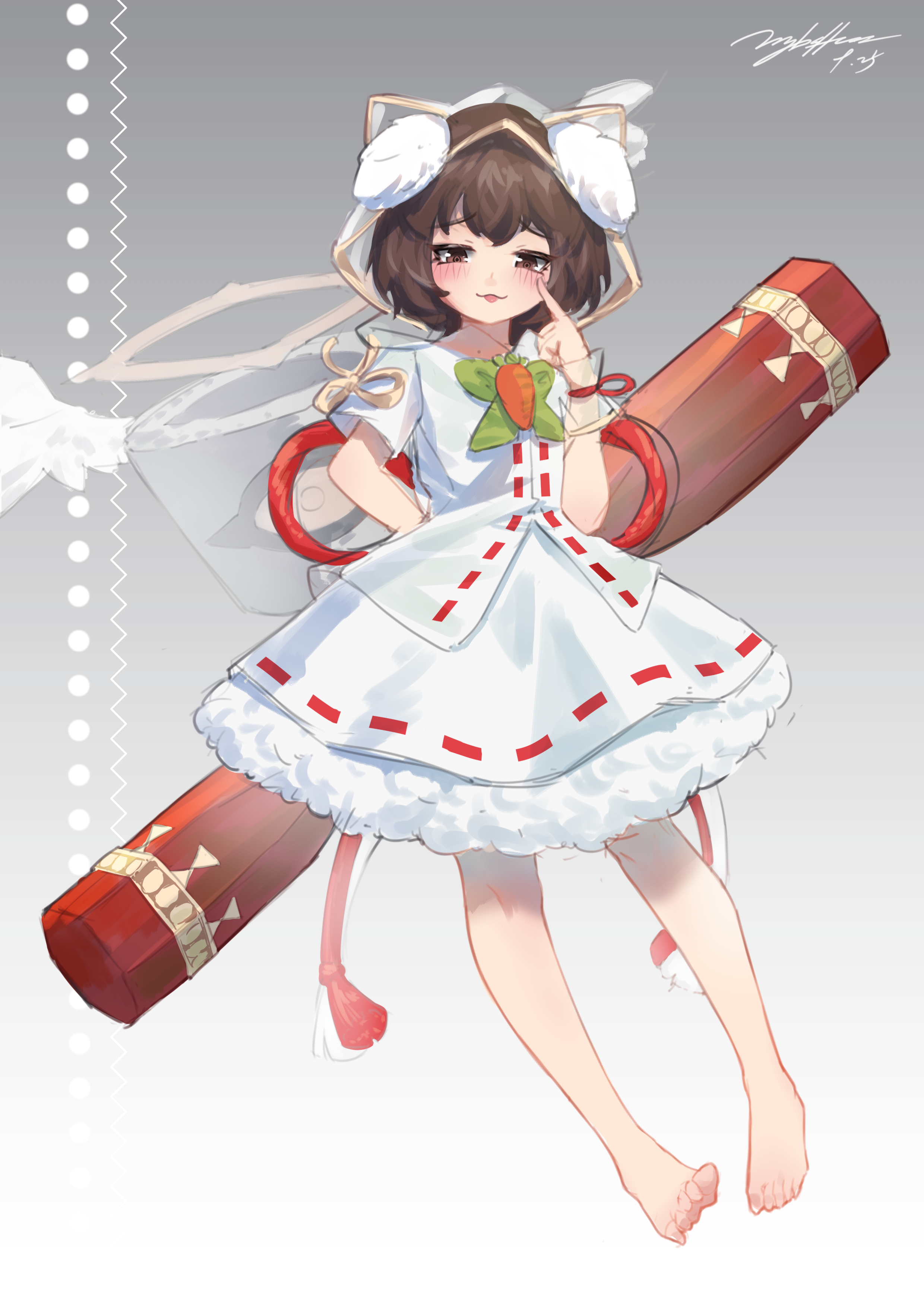 littiecy, inaba tewi, touhou, absurdres, commentary request, highres, 1girl, :3, akanbe, animal ears, barefoot, brown eyes, brown hair, carrot, dress, eyelid pull, floppy ears, full body, grey background, looking at viewer, open mouth, rabbit ears, rabbit girl, ribbon-trimmed dress, ribbon trim, short hair, signature, solo, tongue, tongue out, white dress