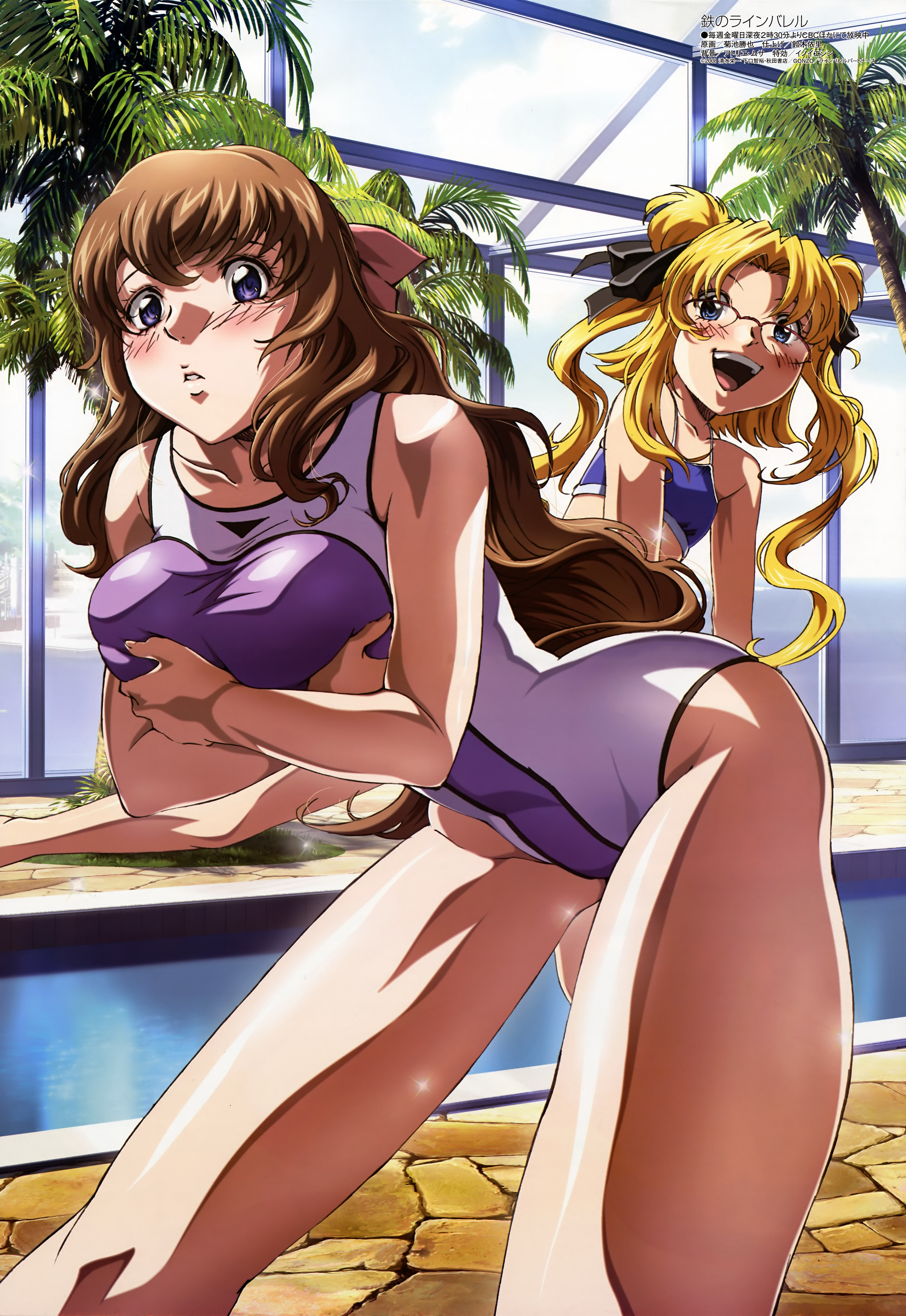 kikuchi katsuya, kujou miu, rachel calvin, kurogane no linebarrel, megami magazine, absurdres, highres, non-web source, official art, scan, 00s, 2girls, :d, bent over, bikini, blonde hair, blue eyes, blush, breasts, brown hair, embarrassed, flat chest, glasses, grabbing another's breast, groping, hair ribbon, hip focus, impossible clothes, indoors, large breasts, long hair, looking back, multiple girls, one-piece swimsuit, open mouth, palm tree, pool, poolside, purple eyes, ribbon, smile, swimsuit, tankini, thighs, tree, twintails, water, wide hips, window