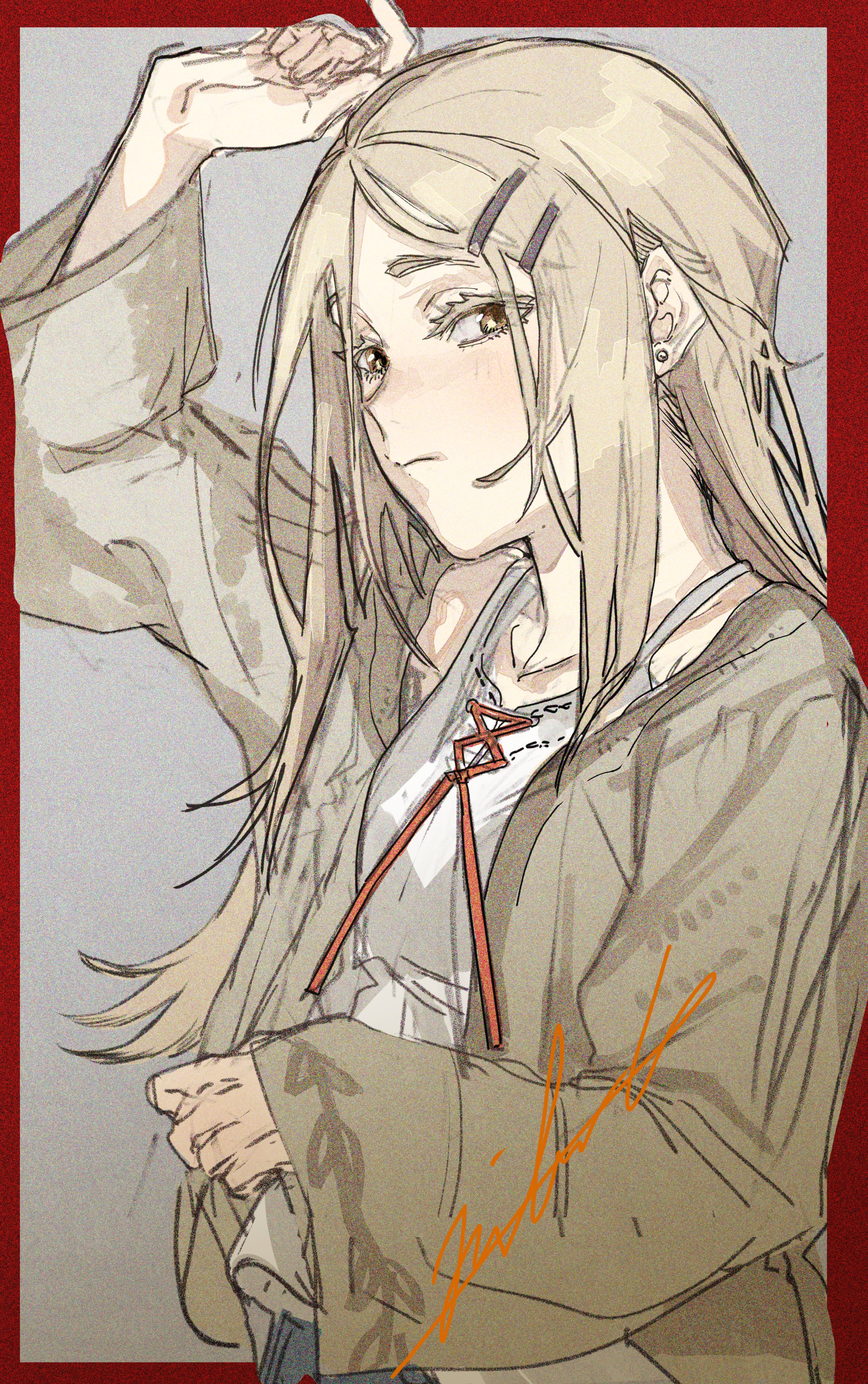 hiranko, shinosawa hiro, gakuen idolmaster, idolmaster, absurdres, commentary, highres, 1girl, arm up, blonde hair, border, breasts, brown coat, camisole, closed mouth, coat, collarbone, colored eyelashes, earrings, flipped hair, from side, gradient background, grey background, hair ornament, hairclip, jewelry, light blush, long hair, long sleeves, looking at viewer, looking to the side, orange ribbon, outside border, parallel hairclips, parted bangs, red border, ribbon, signature, simple background, small breasts, solo, stud earrings, thighhighs, upper body, white camisole, wide sleeves, yellow eyes