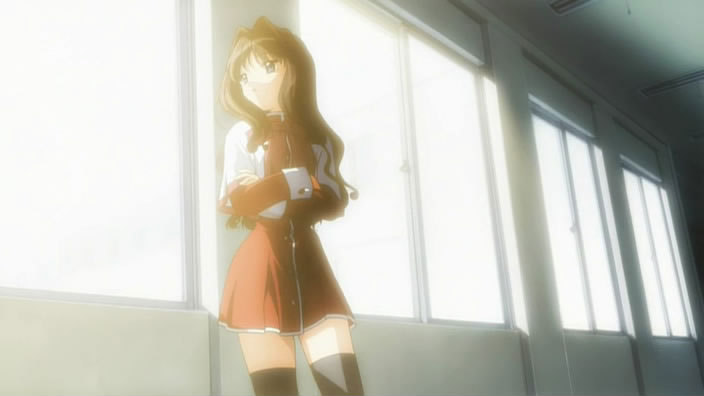 misaka kaori, kanon, brown hair, school uniform, serafuku, solo, sunlight, thighhighs, window