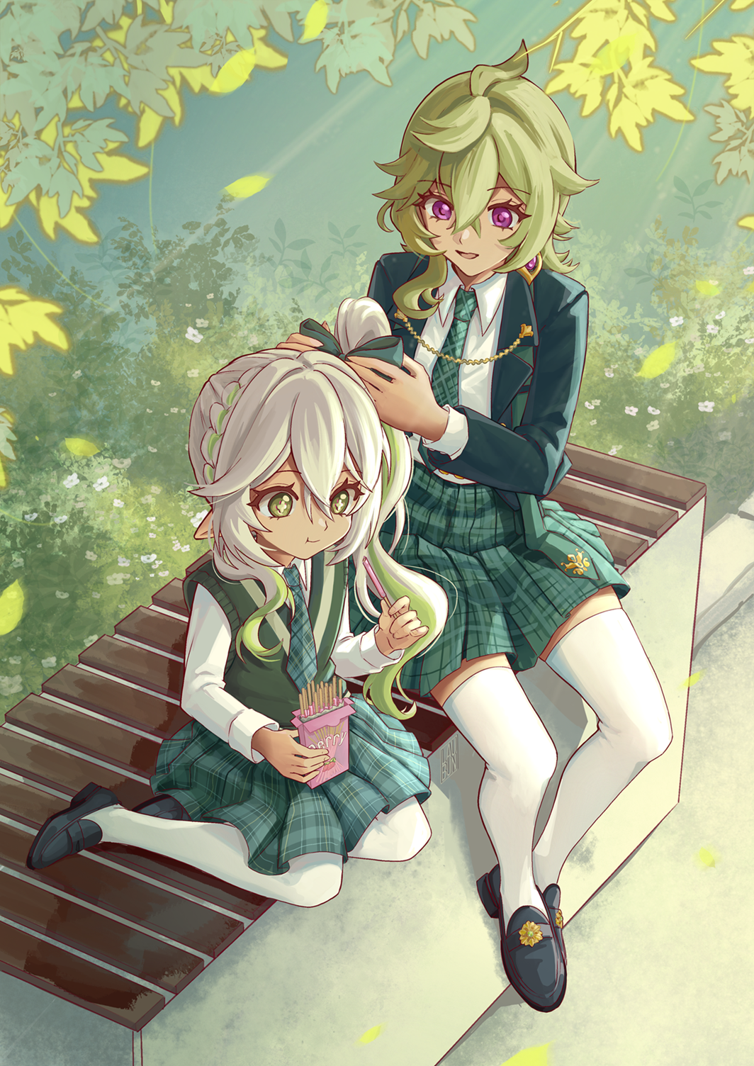 laubun, collei (genshin impact), nahida (genshin impact), genshin impact, commentary, english commentary, highres, 2girls, :t, adjusting another's hair, ahoge, alternate costume, black shoes, bow, closed mouth, collared shirt, cross-shaped pupils, day, eating, food, gradient hair, green eyes, green hair, green jacket, green skirt, green sweater vest, hair between eyes, hair bow, holding, holding food, holding pocky, jacket, lapels, long hair, long sleeves, looking at another, multicolored hair, multiple girls, notched lapels, outdoors, parted lips, pocky, purple eyes, shirt, shoes, side ponytail, sitting, skirt, sweater vest, symbol-shaped pupils, thighhighs, white hair, white shirt, white thighhighs, yokozuwari, zettai ryouiki
