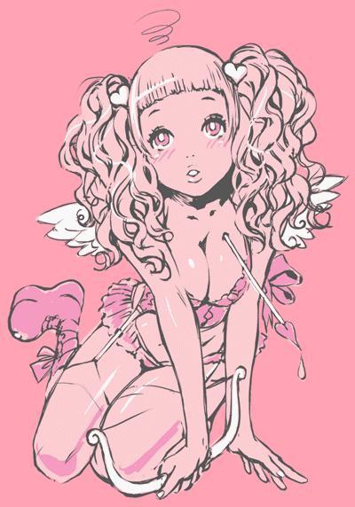 platform footwear, 1girl, angel wings, arrow (projectile), arrow in body, blush, bow (weapon), bra, breasts, cleavage, crop top, cupid, female focus, full body, garter belt, heart, heart arrow, midriff, monochrome, panties, simple background, skirt, solo, spot color, thighhighs, twintails, underwear, wavy hair, weapon, wings