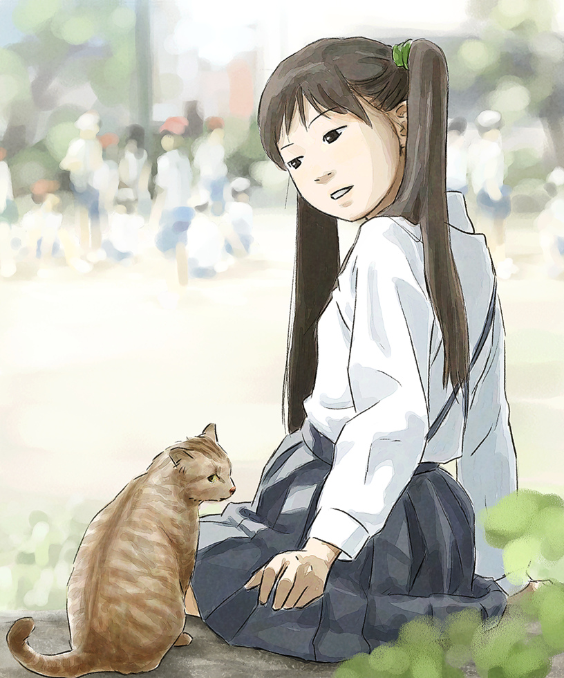 tnt (aaaazzzz), copyright request, 1girl, black hair, cat, child, female focus, outdoors, school uniform, serafuku, solo, twintails
