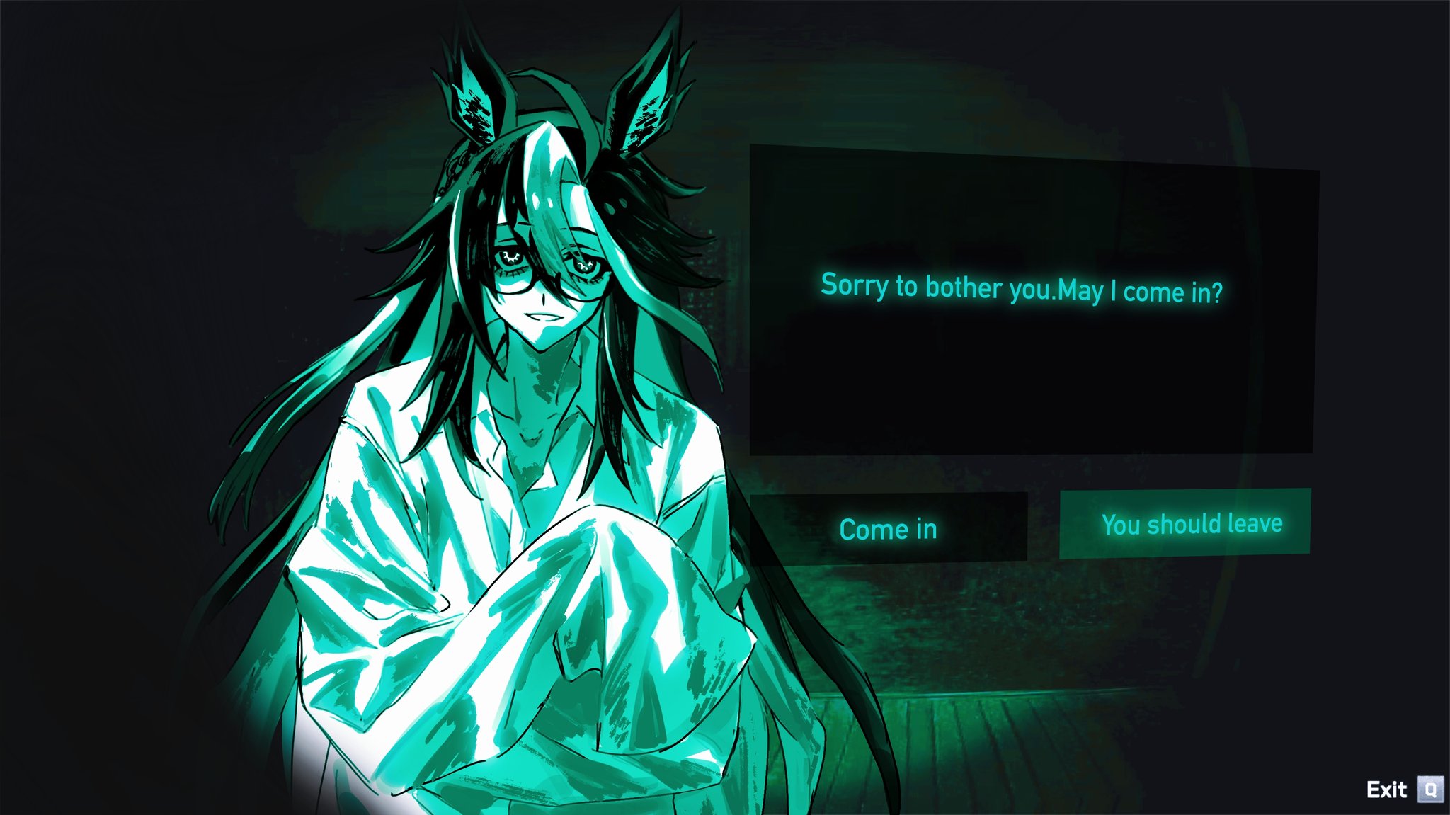 molen106, dream journey (umamusume), umamusume, commentary, english commentary, highres, 1girl, ahoge, animal ears, dialogue box, dialogue options, english text, glasses, green theme, hair between eyes, horse ears, horse girl, long sleeves, looking at viewer, multicolored hair, no i'm not a human, open mouth, parody, solo, streaked hair