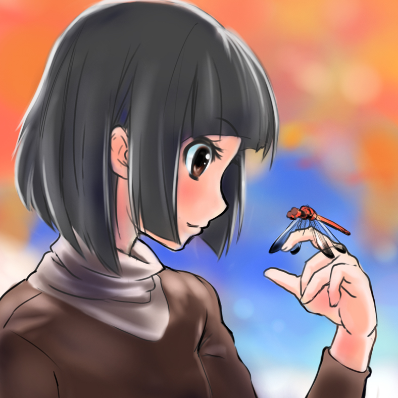tori kaku, touhai tenshi, bad id, bad pixiv id, black hair, brown eyes, bug, dragonfly, insect, short hair, solo