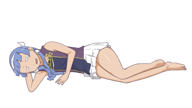 sanjou (weekly10), weekly10, nagi, kannagi, bad id, bad pixiv id, 00s, 1girl, blue hair, blunt bangs, female focus, long hair, lying, pleated skirt, skirt, solo, white skirt