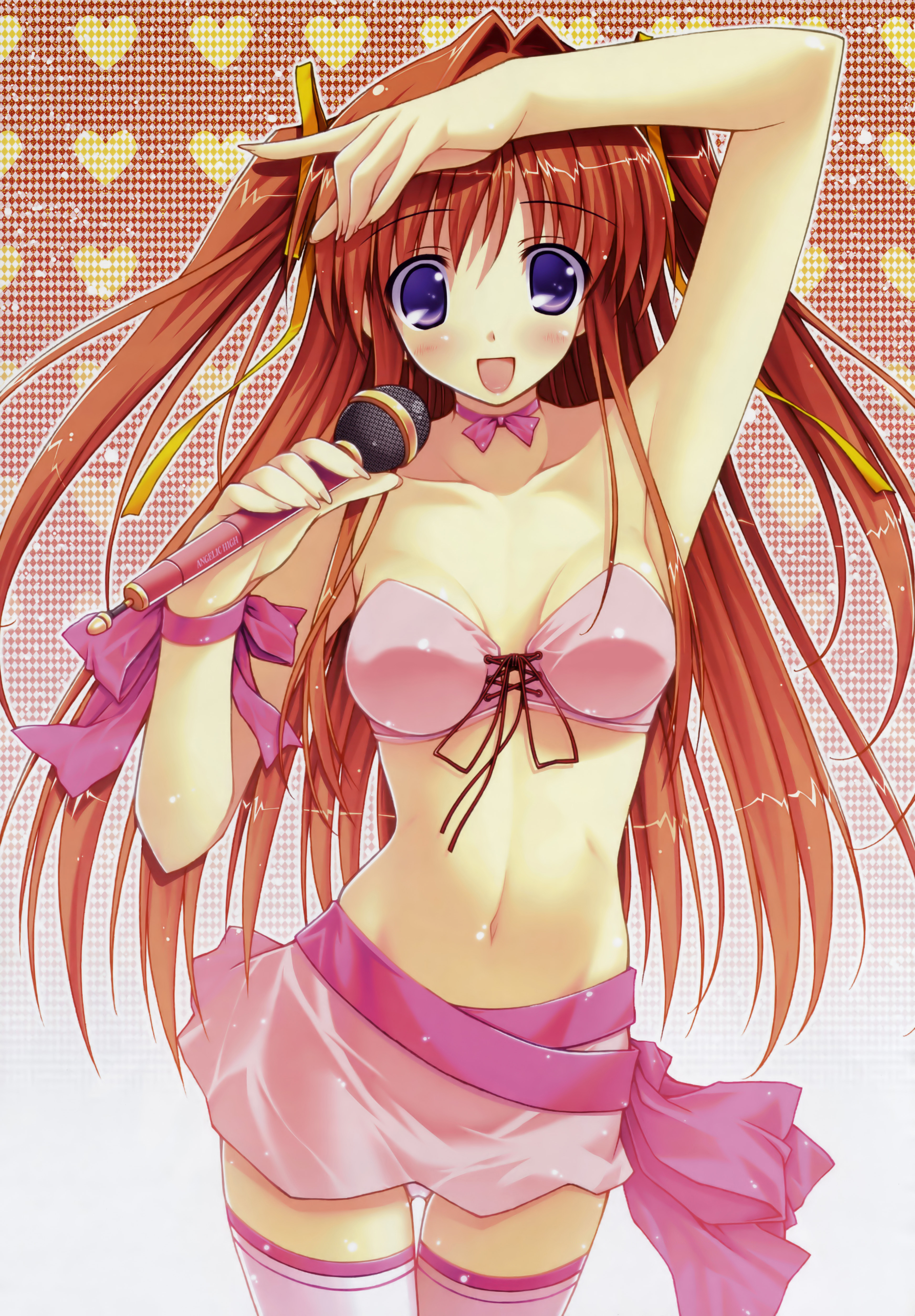 amane soh, asakura misaki, idol revolution, absurdres, fixed, highres, scan, 1girl, :d, arm up, bare shoulders, blue eyes, breasts, brown hair, cleavage, female focus, microphone, navel, neck ribbon, open mouth, pink thighhighs, purple eyes, ribbon, smile, solo, thighhighs