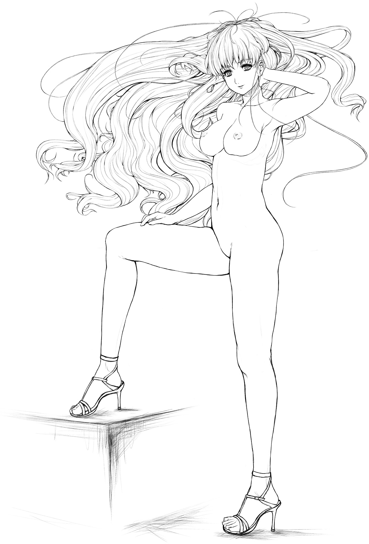 fujioka toki, sheryl nome, macross, macross frontier, highres, 00s, 1girl, breasts, earrings, female focus, greyscale, high heels, jewelry, legs, long hair, medium breasts, monochrome, nipples, nude, shoes, solo, uncensored, very long hair