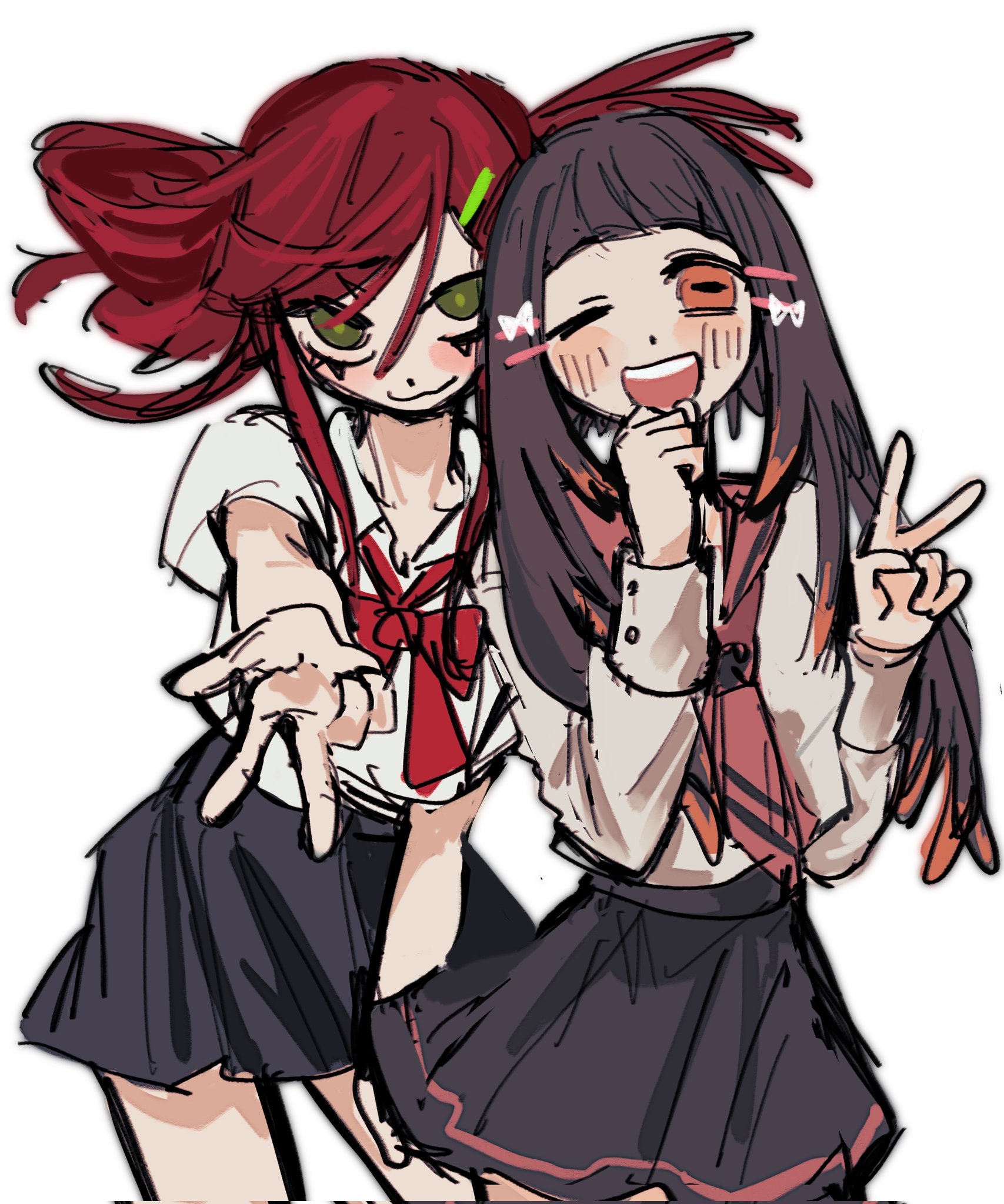 amo empool, riyo reaper, gachiakuta, highres, 2girls, :3, black skirt, bow, bowtie, carbolic20, colored tips, green eyes, multicolored hair, multiple girls, neckerchief, one eye closed, open mouth, orange eyes, orange hair, pink neckerchief, pleated skirt, red bow, red bowtie, red hair, sidelocks, simple background, skirt, smile, white background