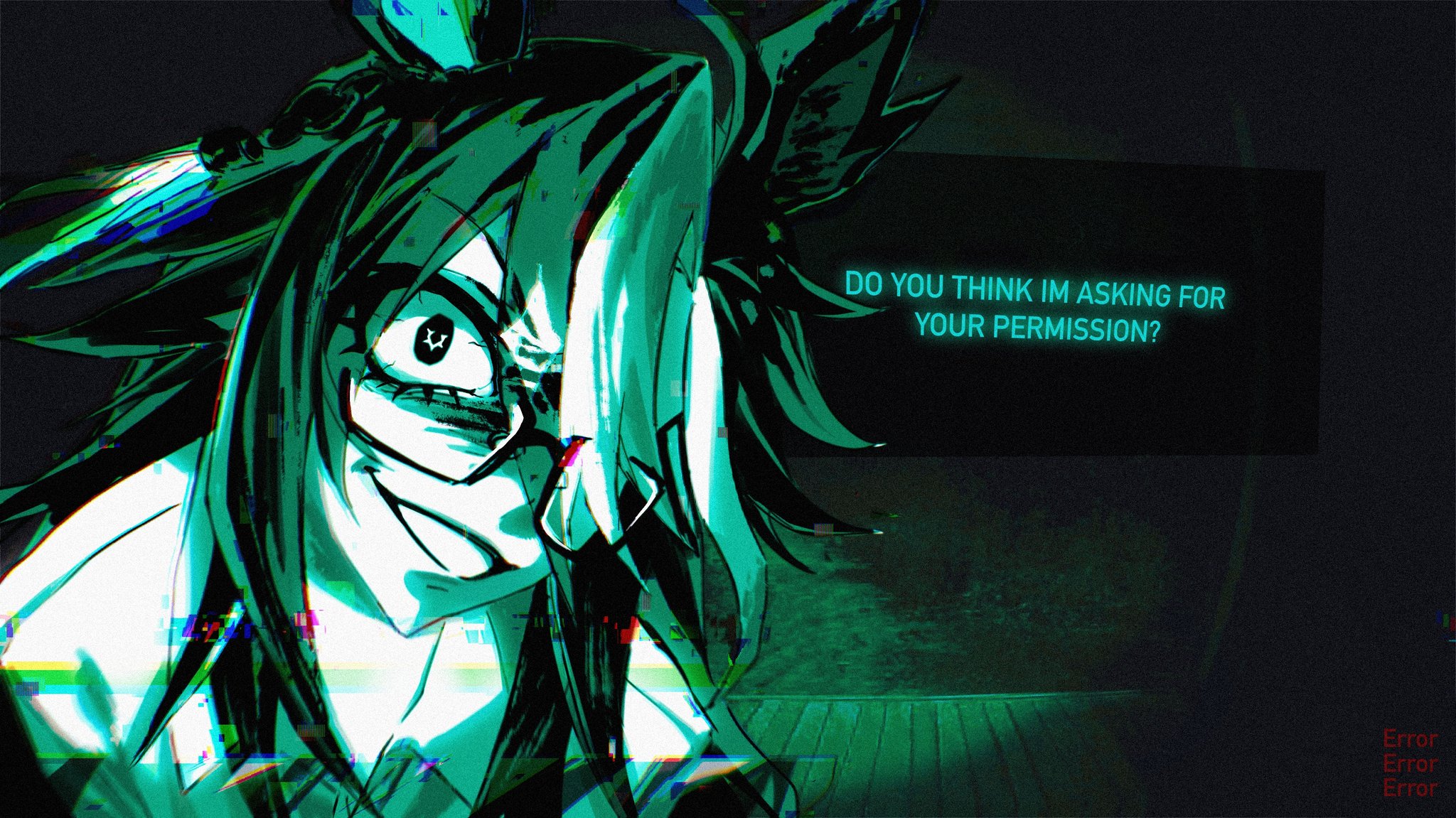 molen106, dream journey (umamusume), umamusume, commentary, english commentary, highres, 1girl, animal ears, crazy eyes, crazy smile, dialogue box, english text, glasses, glitch, green theme, horse ears, horse girl, looking at viewer, multicolored hair, no i'm not a human, smile, solo, streaked hair