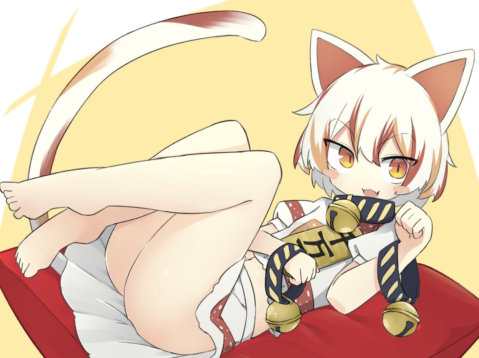 ro 74, goutokuji mike, touhou, commentary, highres, 1girl, animal ears, ass, barefoot, bell, blush stickers, calico (pattern), cat ears, cat girl, cat tail, coin, crop top, cushion, fangs, gold, jingle bell, koban (gold), looking at viewer, lying, midriff, multicolored hair, multicolored shirt, multicolored skirt, multicolored tail, neck bell, no panties, on back, on cushion, open mouth, orange eyes, paw pose, puffy short sleeves, puffy sleeves, short sleeves, skin fangs, skirt, slit pupils, smile, solo, tail, toes