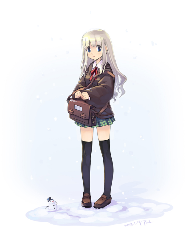 piah, blue eyes, long hair, skirt, snow, solo, standing, sweater, thighhighs, white hair, zettai ryouiki