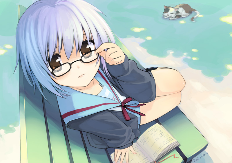 piah, nagato yuki, shamisen (suzumiya haruhi), suzumiya haruhi no yuuutsu, silver hair, 00s, 1girl, book, calico (pattern), calico cat, cardigan, cat, female focus, glasses, school uniform, serafuku, short hair, sitting, solo, yellow eyes
