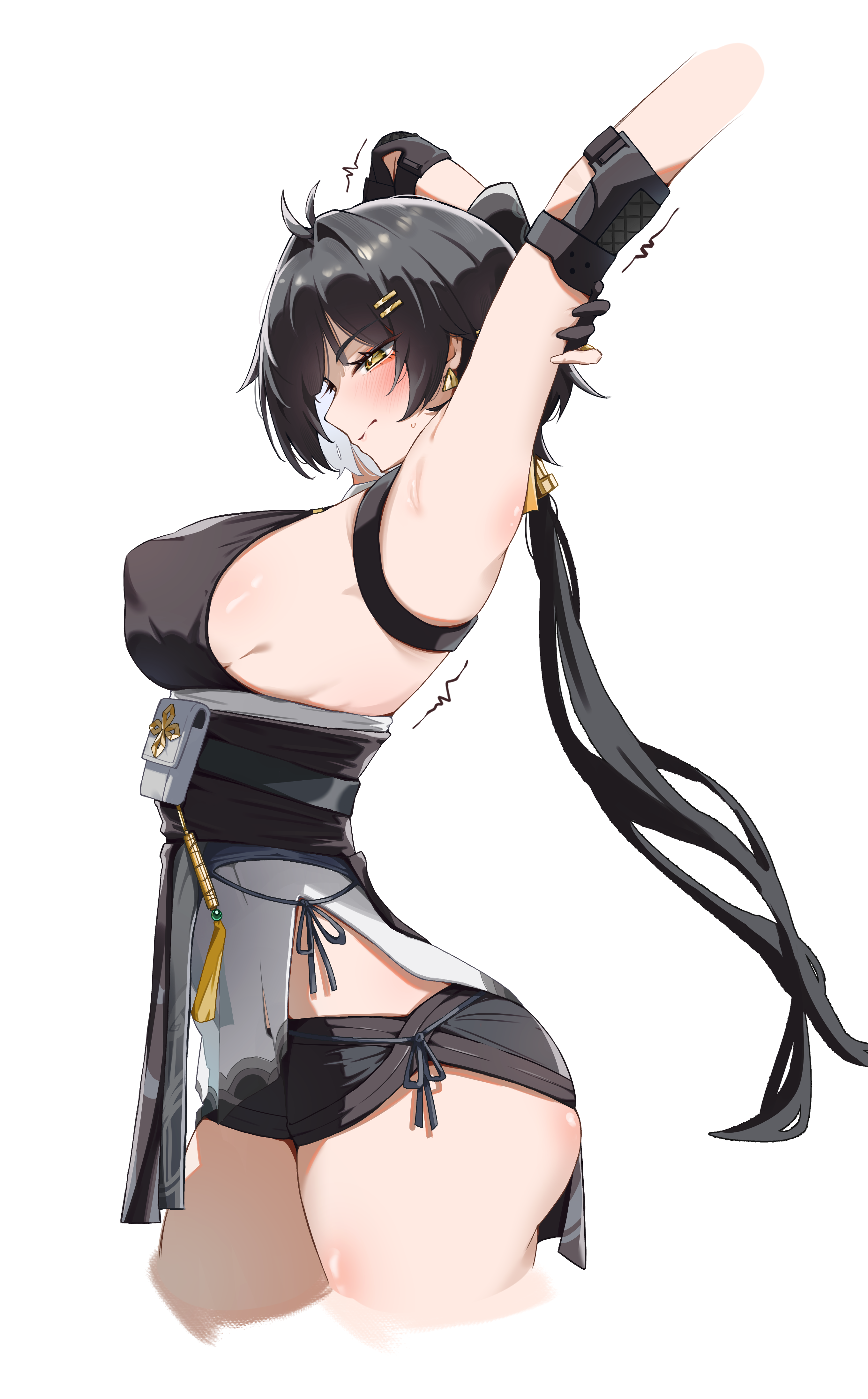 female rover (wuthering waves), rover (wuthering waves), wuthering waves, absurdres, highres, 1girl, action4472, armpits, black gloves, black hair, colored inner hair, earrings, elbow pads, eyeliner, gloves, jewelry, low ponytail, makeup, multicolored hair, ponytail, red eyeliner, ribbon, simple background, solo, stretching, triangle earrings, white background, yellow eyes, yellow ribbon
