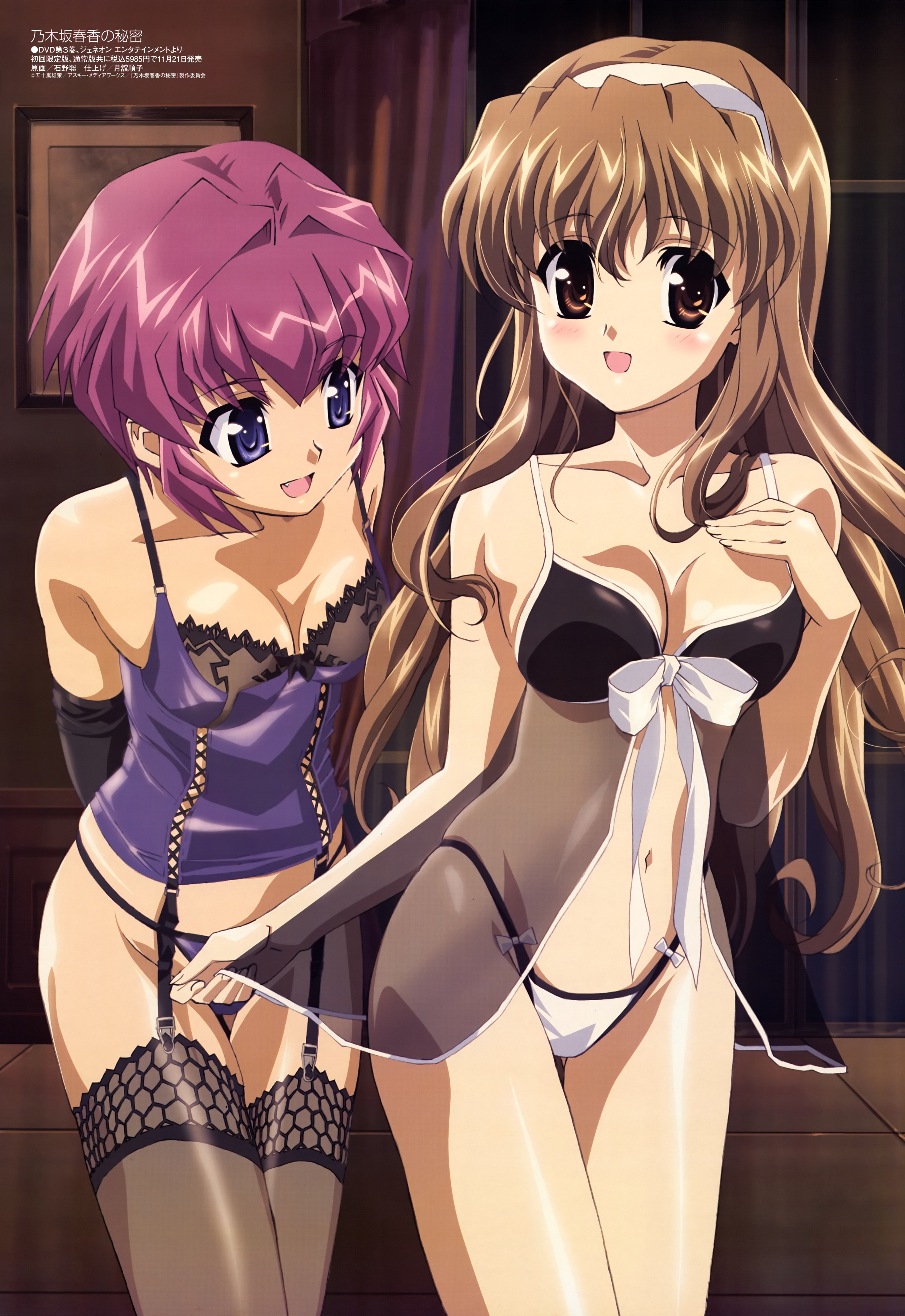 ishino satoshi, amamiya shiina, nogizaka haruka, megami magazine, nogizaka haruka no himitsu, grey legwear, lace-trimmed legwear, absurdres, highres, jpeg artifacts, non-web source, official art, 00s, 2girls, :d, arms behind back, babydoll, bare shoulders, black gloves, blush, bow, bra, breasts, brown eyes, brown hair, camisole, corset, cowboy shot, cross-laced clothes, curtains, drawing (object), elbow gloves, fang, front-tie top, garter straps, gloves, groin, hair intakes, hairband, hand on own chest, highleg, highleg panties, indoors, lace, lace trim, leaning forward, lingerie, long hair, looking at breasts, looking at viewer, medium breasts, multiple girls, navel, open clothes, open mouth, panties, purple eyes, purple hair, purple panties, see-through clothes, shiny skin, short hair, skindentation, smile, standing, thigh gap, thighhighs, tile floor, tiles, underwear, underwear only, very long hair, white panties, window