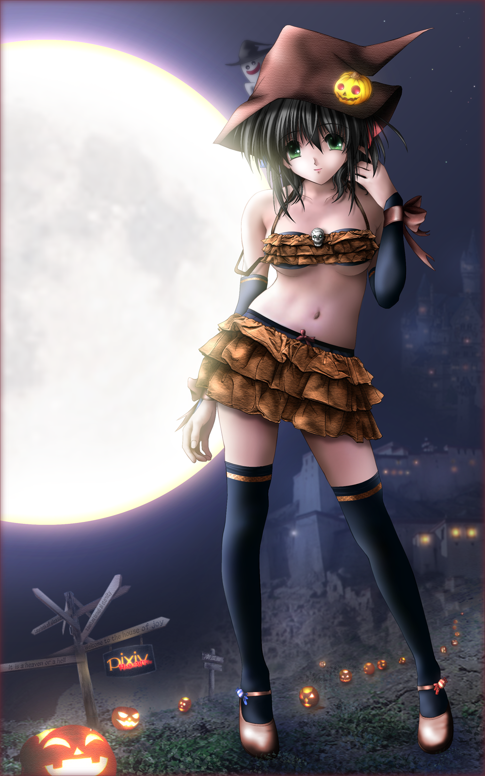 gisarme, highres, third-party edit, 1girl, adjusting hair, black hair, black thighhighs, breasts, detached sleeves, female focus, food-themed hair ornament, ghost, gisarume, green eyes, hair ornament, halloween, hat, jack-o'-lantern, mary janes, medium breasts, midriff, moon, night, orange skirt, pumpkin, pumpkin hair ornament, shoes, short hair, skirt, skull, solo, thighhighs, underboob, witch