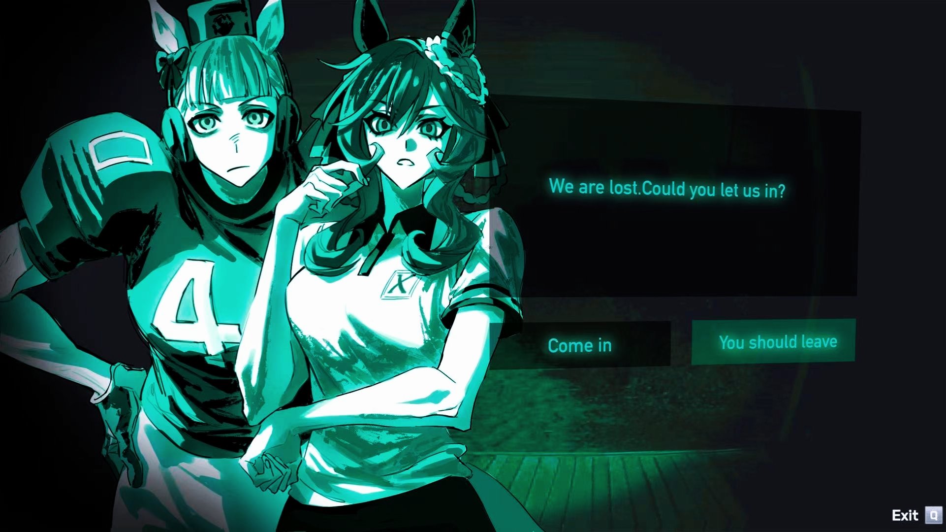 molen106, gentildonna (umamusume), gold ship (umamusume), no, i'm not a human, umamusume, commentary, english commentary, highres, 2girls, american football uniform, animal ears, closed mouth, dialogue box, dialogue options, green theme, hand on own hip, horse ears, horse girl, long hair, looking at viewer, multiple girls, open mouth, parody, sportswear
