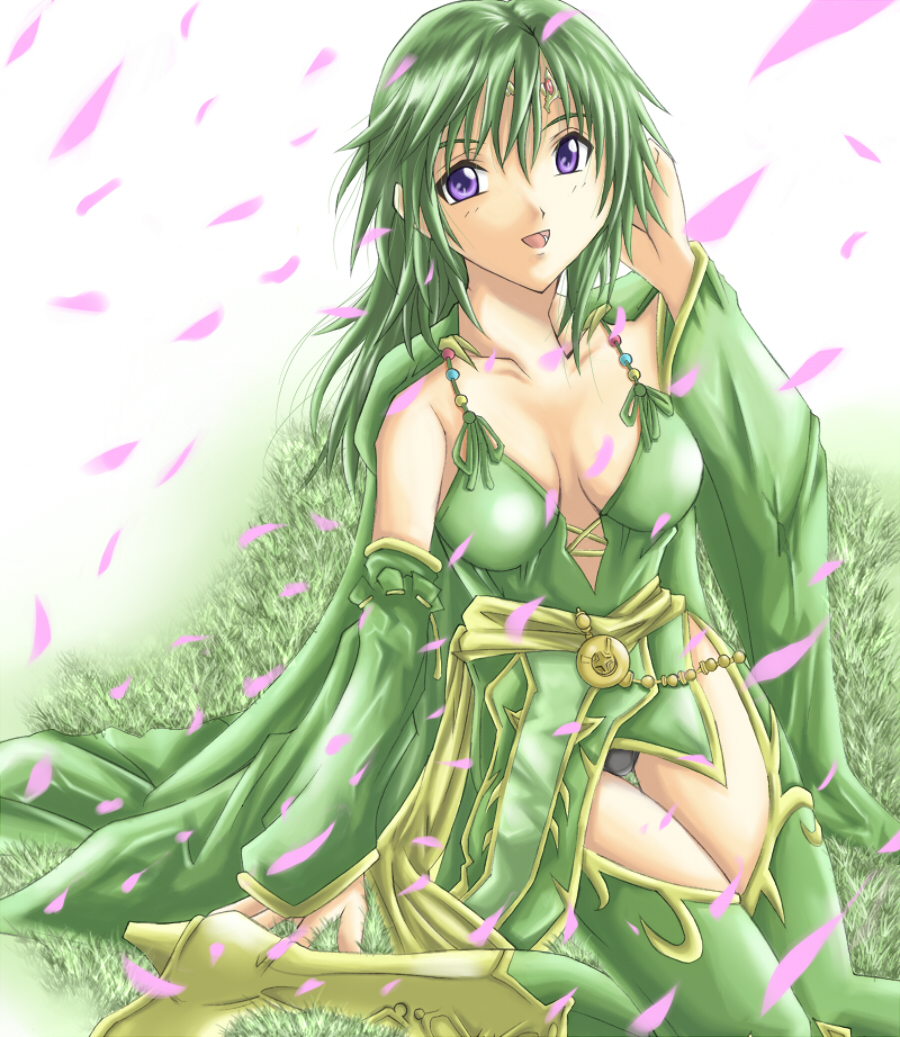 yamada (fanfantaisa), rydia (adult) (ff4), rydia (ff4), final fantasy, final fantasy iv, 1990s (style), 1girl, aged up, breasts, cleavage, female focus, green hair, nature, outdoors, panties, petals, purple eyes, retro artstyle, smile, solo, thighhighs, underwear