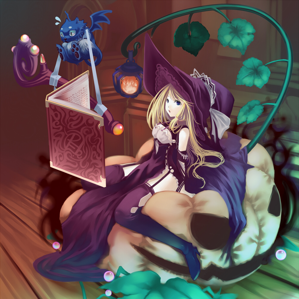 kotetsu motoya, original, 1girl, blonde hair, blue eyes, book, boots, cat, demon, female focus, floating, hat, lantern, long hair, plant, pumpkin, sitting, solo, thigh boots, thighhighs, wings, witch, witch hat