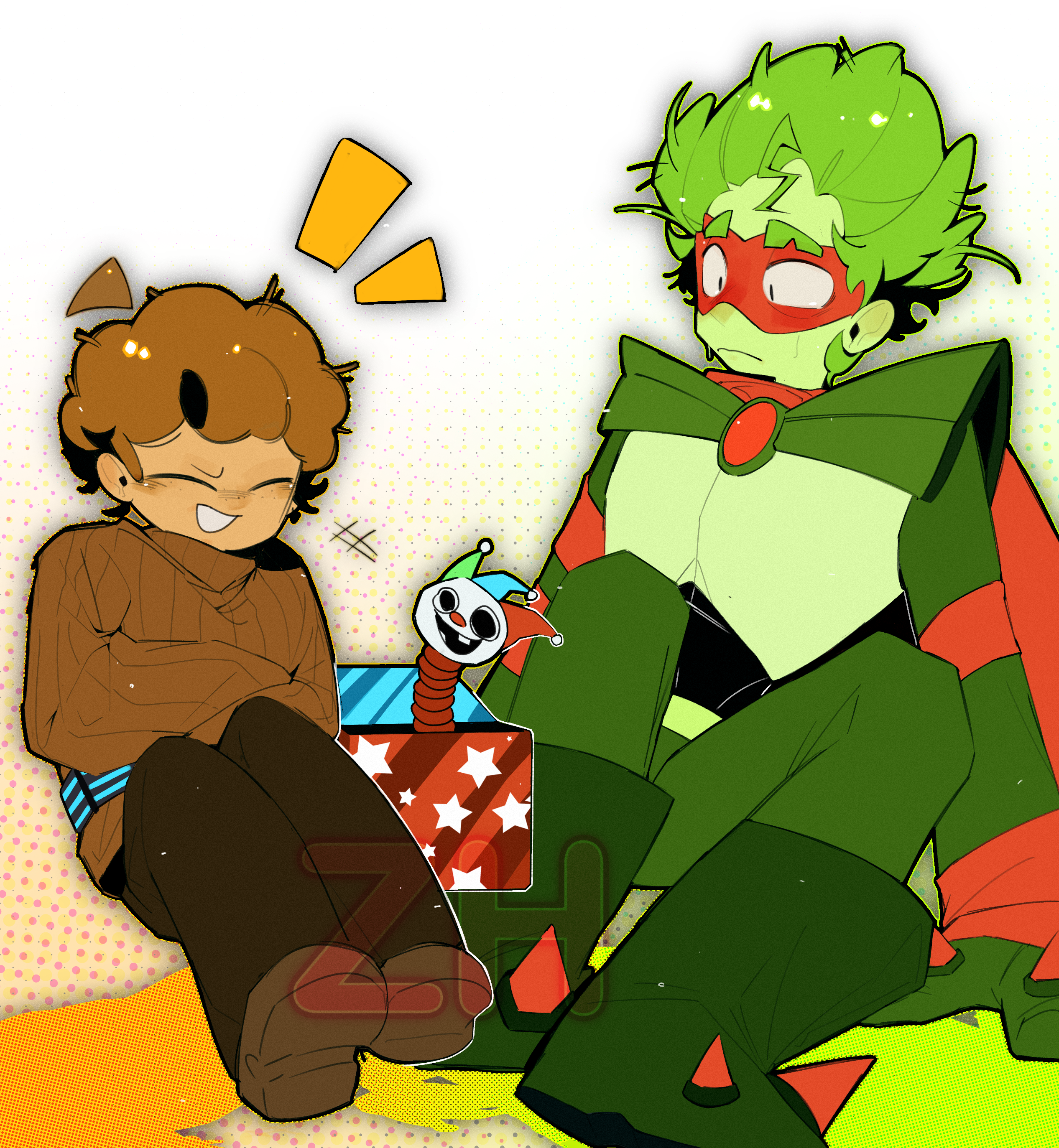 grass knuckles (plants vs. zombies), plants vs. zombies, plants vs. zombies heroes, absurdres, chinese commentary, commentary request, highres, procreate (medium), 2boys, :d, ^ ^, ahoge, arm support, artist name, black eyes, black pants, boots, brooch, brown hair, brown shoes, brown sweater, cape, closed eyes, closed mouth, colored skin, crossed arms, dark-skinned male, dark skin, detached ahoge, eye mask, frown, full body, green boots, green cape, green hair, green pants, green skin, grin, hair behind ear, halftone, halftone background, jack-in-the-box, jewelry, knee boots, knees up, light particles, male focus, multiple boys, notice lines, open mouth, pants, personification, red mask, ribbed sweater, shoes, short hair, simple background, sitting, smile, spiked boots, sweatdrop, sweater, turtleneck, turtleneck sweater, very short hair, wall-knight (plants vs. zombies), white background, zihan (zihan86137)