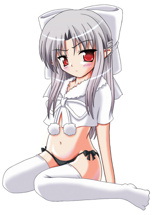 white len (tsukihime), melty blood, tsukihime, type-moon, silver hair, 00s, blush, long hair, no pants, panties, pointy ears, red eyes, side-tie panties, solo, thighhighs, underwear