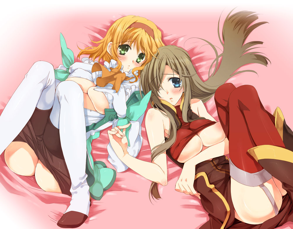 shuragyoku mami, natalia luzu kimlasca lanvaldear, tear grants, tales of (series), tales of the abyss, red legwear, 00s, 2girls, ascot, blonde hair, blue eyes, breasts, brown hair, clothes lift, clothes pull, green eyes, hairband, long hair, lying, multiple girls, one eye closed, open clothes, open shirt, orange ascot, pantyhose, pantyhose pull, shirt, shirt lift, short hair, thighhighs, underboob, wink