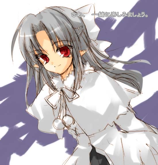 white len (tsukihime), melty blood, tsukihime, type-moon, silver hair, 00s, 1girl, female focus, half updo, long hair, parted bangs, pointy ears, red eyes, smile, solo