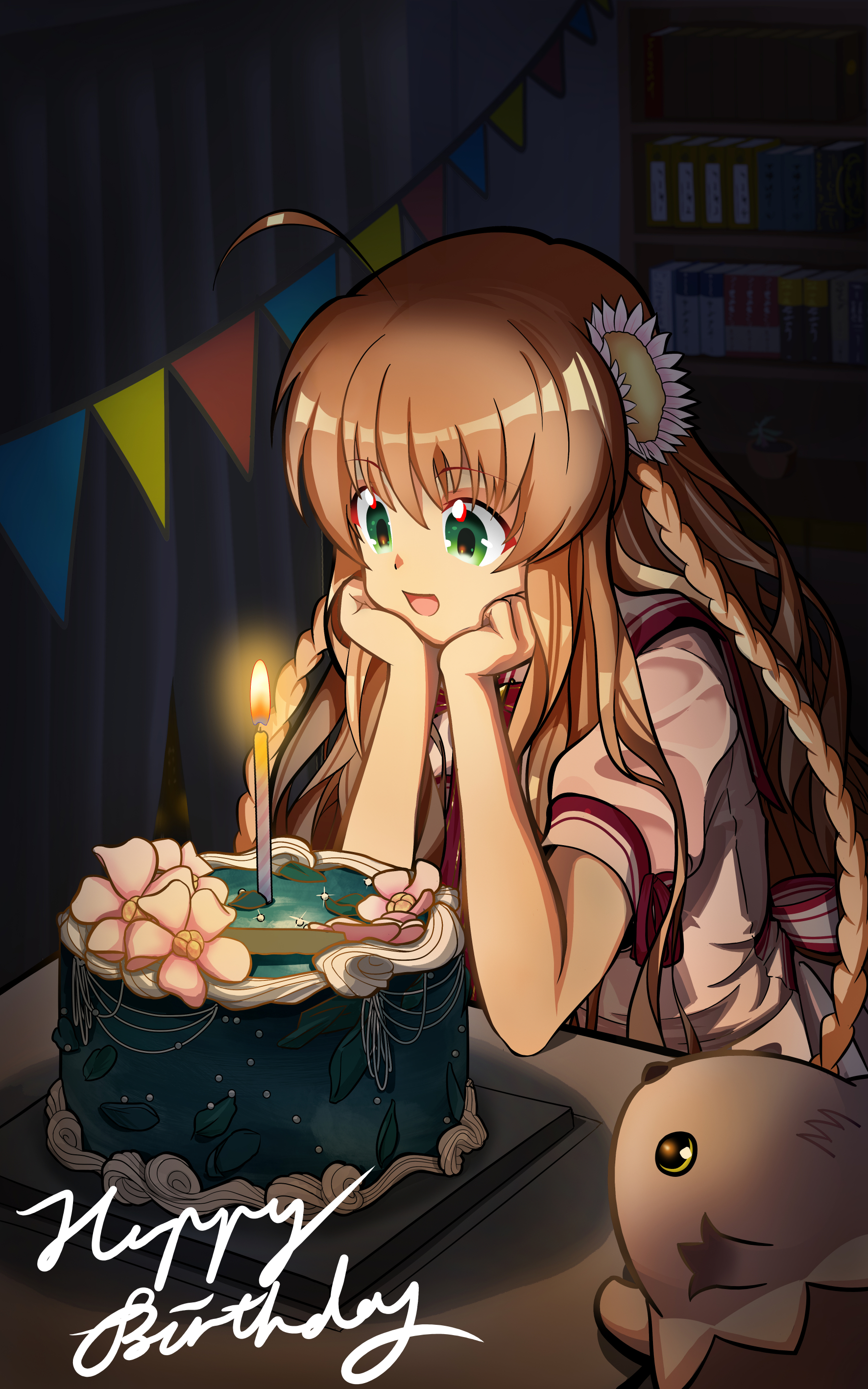 chibi-moth, kanbe kotori, rewrite, absurdres, chinese commentary, commentary request, highres, 1girl, :d, ahoge, birthday, birthday cake, bookshelf, braid, brown hair, cake, candle, candlelight, clenched hands, curtains, dress, flower, food, green eyes, hair between eyes, hair flower, hair ornament, hands on own cheeks, hands on own face, hands up, happy, happy birthday, indoors, kazamatsuri institute high school uniform, long hair, looking at object, looking down, night, open mouth, pink dress, pink flower, puffy short sleeves, puffy sleeves, school uniform, short sleeves, sidelocks, sitting, smile, solo, summer uniform, tareme, twin braids, underlighting, upper body, user suxe5258, very long hair