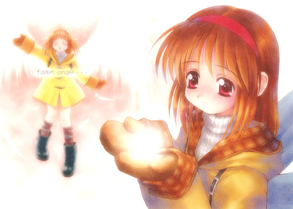 goto p, tsukimiya ayu, kanon, 1girl, angel, closed eyes, gloves, orange hair, red eyes, ribbon, short hair, wings