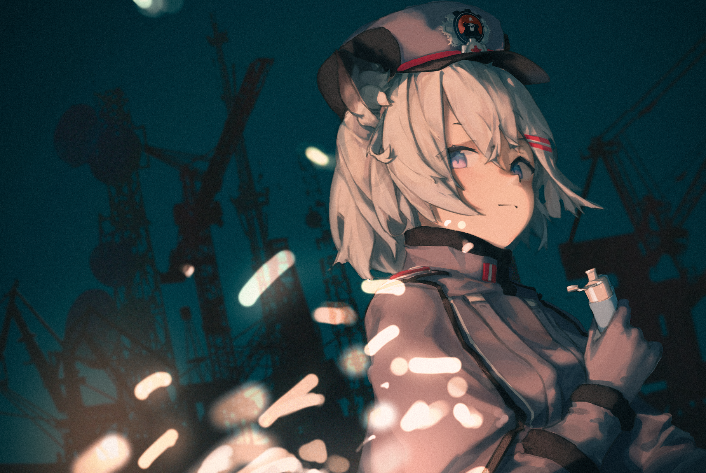 shigure (blue archive), blue archive, highres, 1girl, animal ears, bottle, chinjin (ztww7355), closed mouth, fake animal ears, grey hair, grey hat, grey jacket, hair between eyes, hat, holding, holding bottle, jacket, looking at viewer, purple eyes, short hair, smile, solo, sparks, upper body, weasel ears, weasel girl