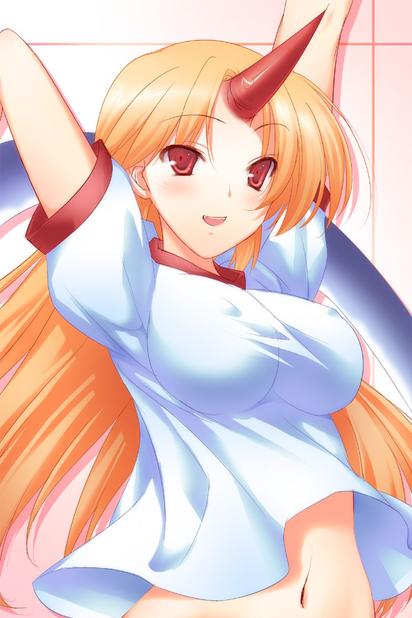 47agdragon, hoshiguma yuugi, touhou, 1girl, arms up, blonde hair, breasts, female focus, horns, impossible clothes, impossible shirt, large breasts, long hair, midriff, navel, open mouth, red eyes, shirt, single horn, smile, solo, t-shirt, taut clothes, taut shirt