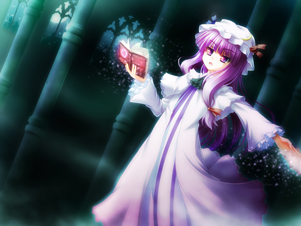 akashio (loli ace), patchouli knowledge, touhou, bad id, bad pixiv id, 1girl, book, female focus, hat, indoors, long hair, purple hair, ribbon, sky, solo, standing