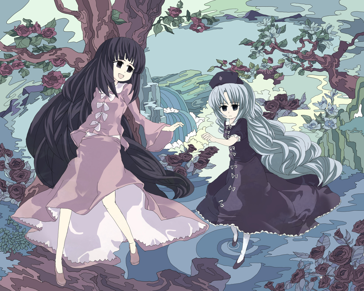hide38, houraisan kaguya, yagokoro eirin, touhou, silver hair, 2girls, black hair, child, female focus, hat, long hair, multiple girls, ribbon