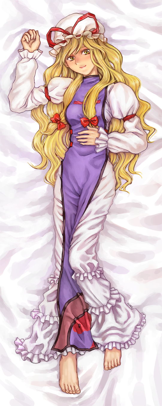 aloner, yakumo yukari, touhou, highres, 1girl, barefoot, bed, blonde hair, dress, female focus, full body, hat, long hair, mob cap, solo, tabard, wavy hair