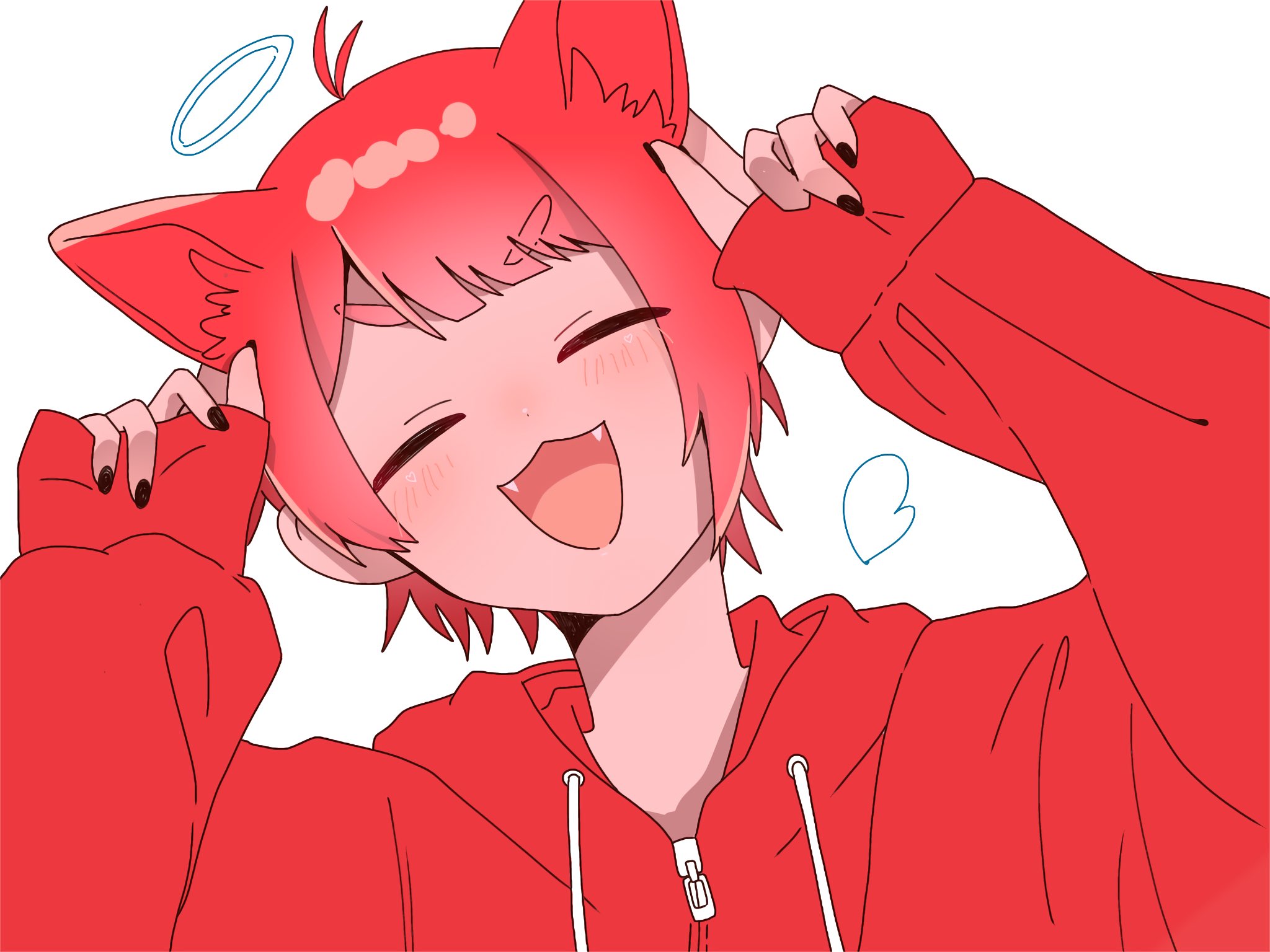 rinu (stpri), strawberry prince, highres, 1boy, :3, animal ears, antenna hair, black nails, blush, closed eyes, fangs, halo, hand on own ear, head tilt, male focus, mashu 0528, open mouth, pulling own ear, short eyebrows, short hair, simple background, sleeves past wrists, smile, solo, upper body, white background, white halo