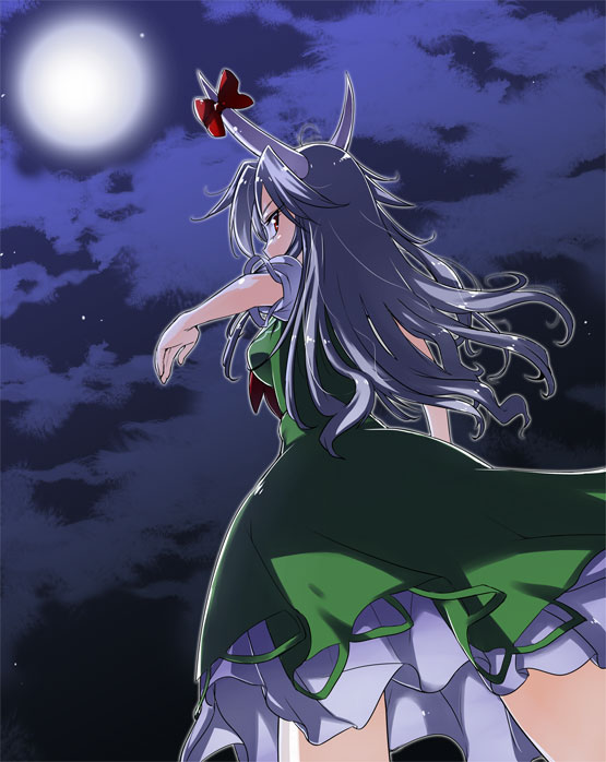 kiku hitomoji, tora tooru, toru tooru, ex-keine, kamishirasawa keine, touhou, 1girl, arm up, bow, breasts, cloud, cowboy shot, dress, female focus, from behind, from below, full moon, green dress, horn bow, horn ornament, horns, long hair, looking at viewer, looking back, medium breasts, moon, moonlight, night, night sky, outdoors, profile, puffy short sleeves, puffy sleeves, purple hair, red bow, red eyes, short sleeves, sky, solo, standing, star (sky), starry sky, tsurime