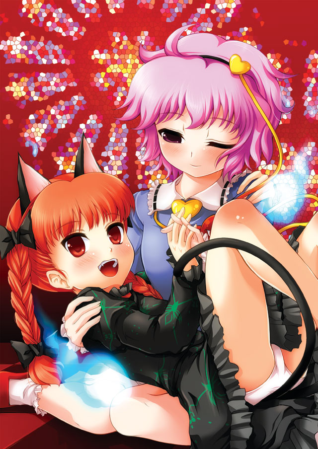 tilm, kaenbyou rin, komeiji satori, touhou, 2girls, animal ears, braid, cat ears, cat girl, cat tail, dress, female focus, multiple girls, panties, pink hair, red hair, short hair, tail, twintails, underwear
