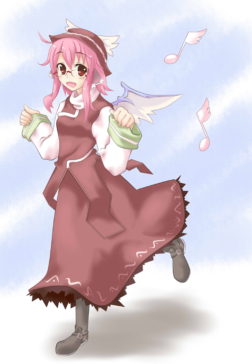 ogami kazuki, mystia lorelei, touhou, 1girl, alternate costume, animal ears, bespectacled, dress, female focus, glasses, hat, musical note, pink hair, red eyes, short hair, smile, solo, wings